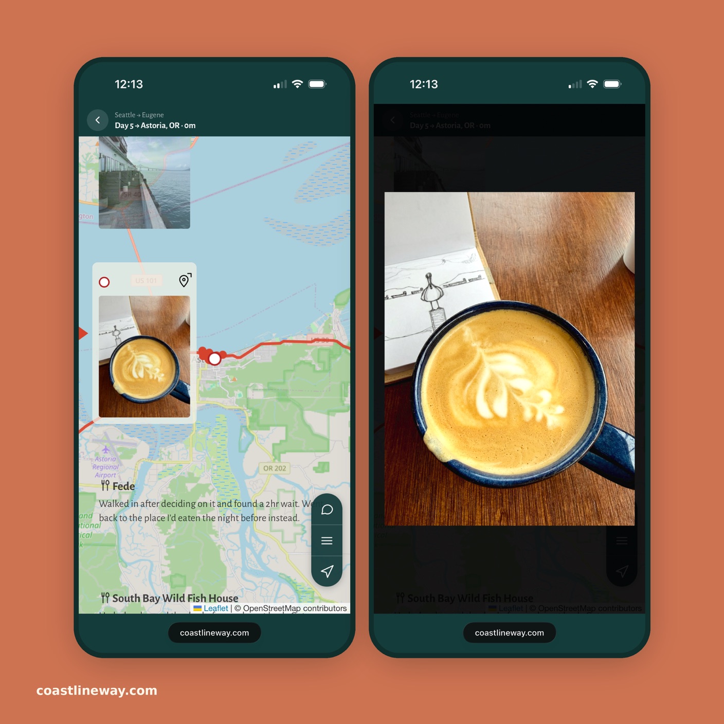 Two phone screens: a coffee and sketchbook photo at a stop in Astoria, and the same photo opened full screen